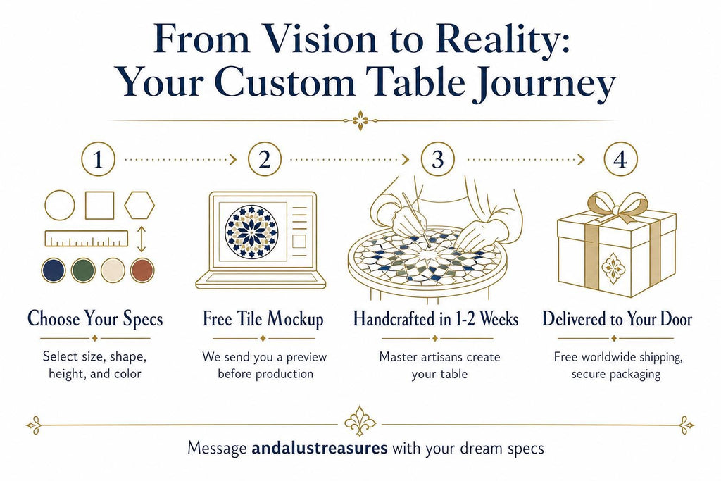 The image is a step-by-step guide that illustrates the process of creating a custom table, from selecting the specs to delivering the table. It includes illustrations of a laptop displaying a tile design, a handcrafted table, and a gift box. The guide provides a clear and concise description of each step, ensuring that the message is easily understood and free from redundancy.