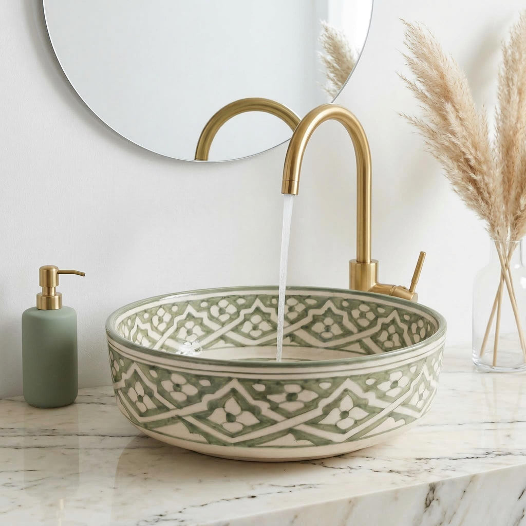 Ceramic Vessel Sink, Moroccan Hand-Painted Sage Green Basin, 12".