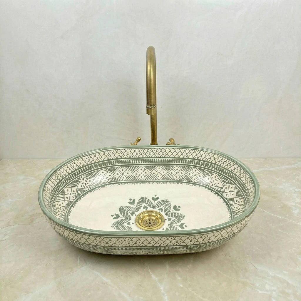 Moroccan Ceramic Vessel Sink, Oval Green Fishscale, Free Drain