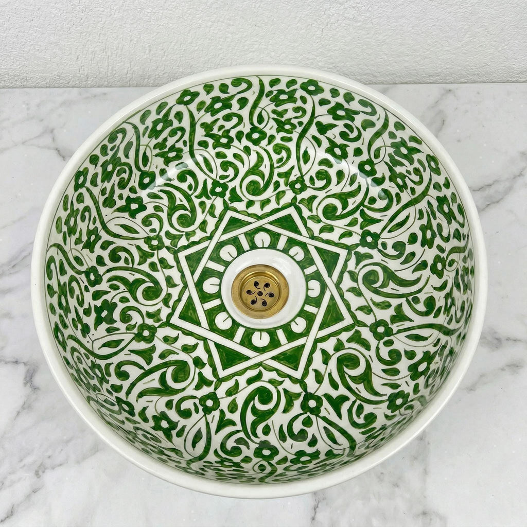 Sage Green Vessel Sink, Hand-Painted Moroccan Ceramic, 12 Inch XL