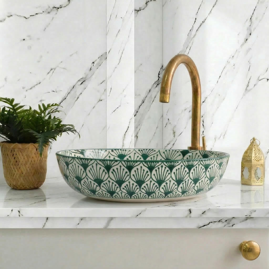 Moroccan vessel sink, Oval Ceramic 32-48 cm Emerald, Brass Drain