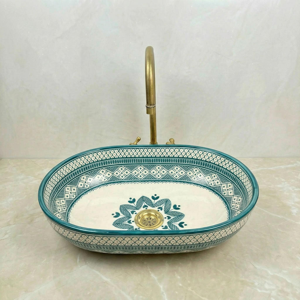 Moroccan Ceramic Vessel Sink, Oval Green Fishscale, Free Drain