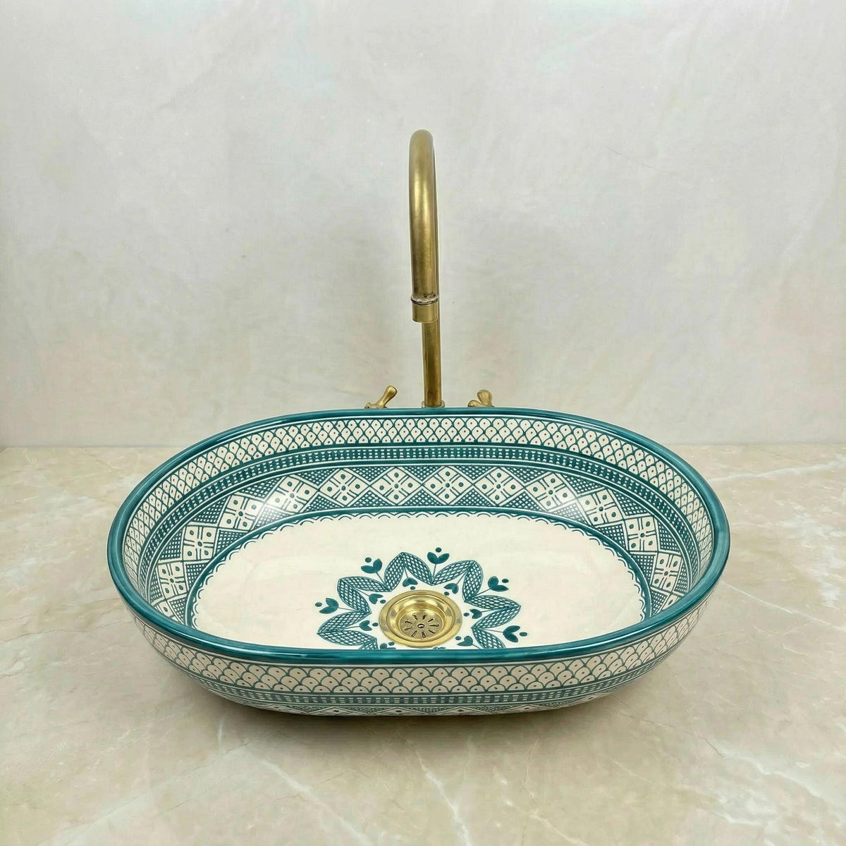 Moroccan Ceramic Vessel Sink, Oval Green Fishscale, Free Drain