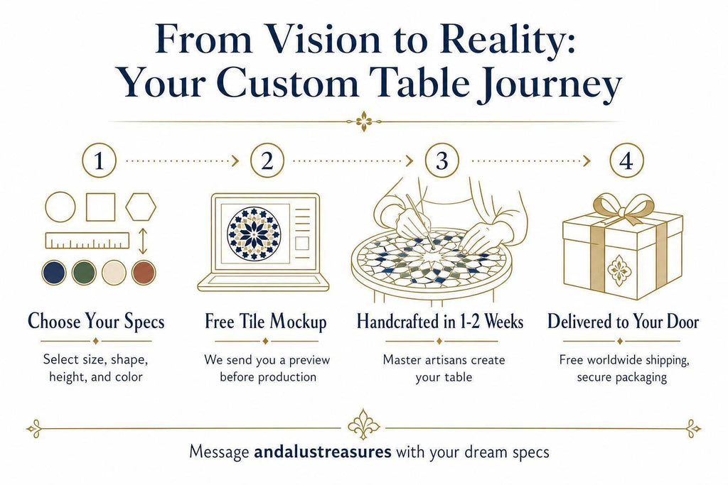 The image is a step-by-step guide that illustrates the process of creating a custom table, from selecting the specs to delivering the table. It includes illustrations of a laptop displaying a tile design, a handcrafted table, and a gift box. The guide provides a clear and concise description of each step, ensuring that the message is easily understood and free from redundancy.