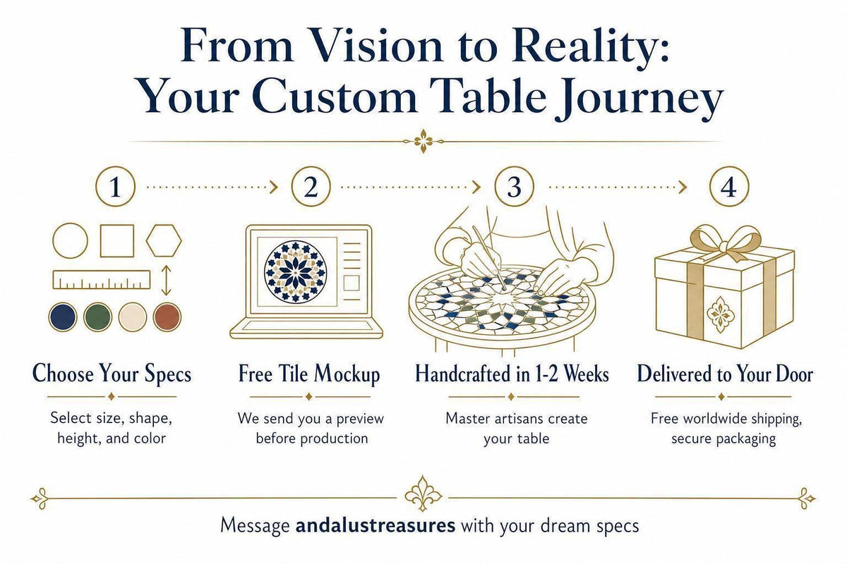 The image is a step-by-step guide that illustrates the process of creating a custom table, from selecting the specs to delivering the table. It includes illustrations of a laptop displaying a tile design, a handcrafted table, and a gift box. The guide provides a clear and concise description of each step, ensuring that the message is easily understood and free from redundancy.