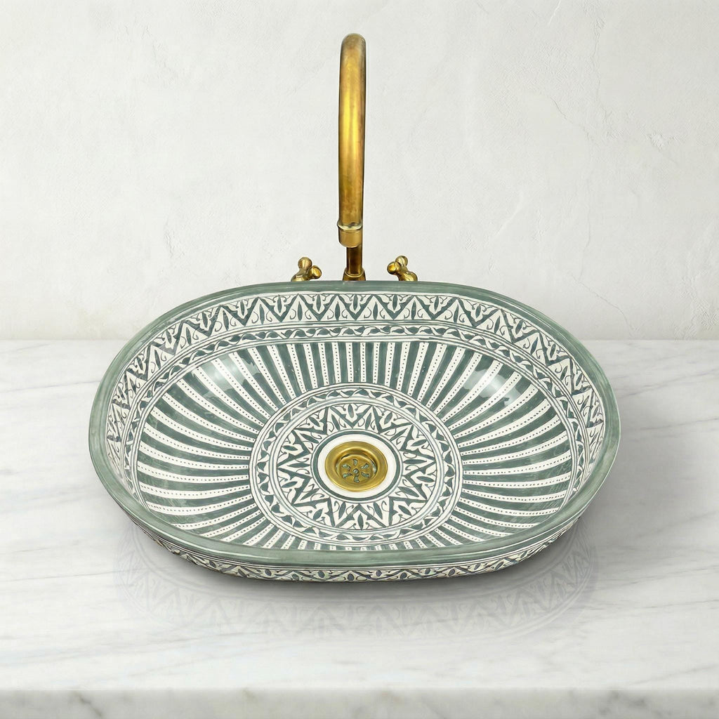 Moroccan Ceramic Sink, Oval Porcelain Basin 40cm With Brass Drain