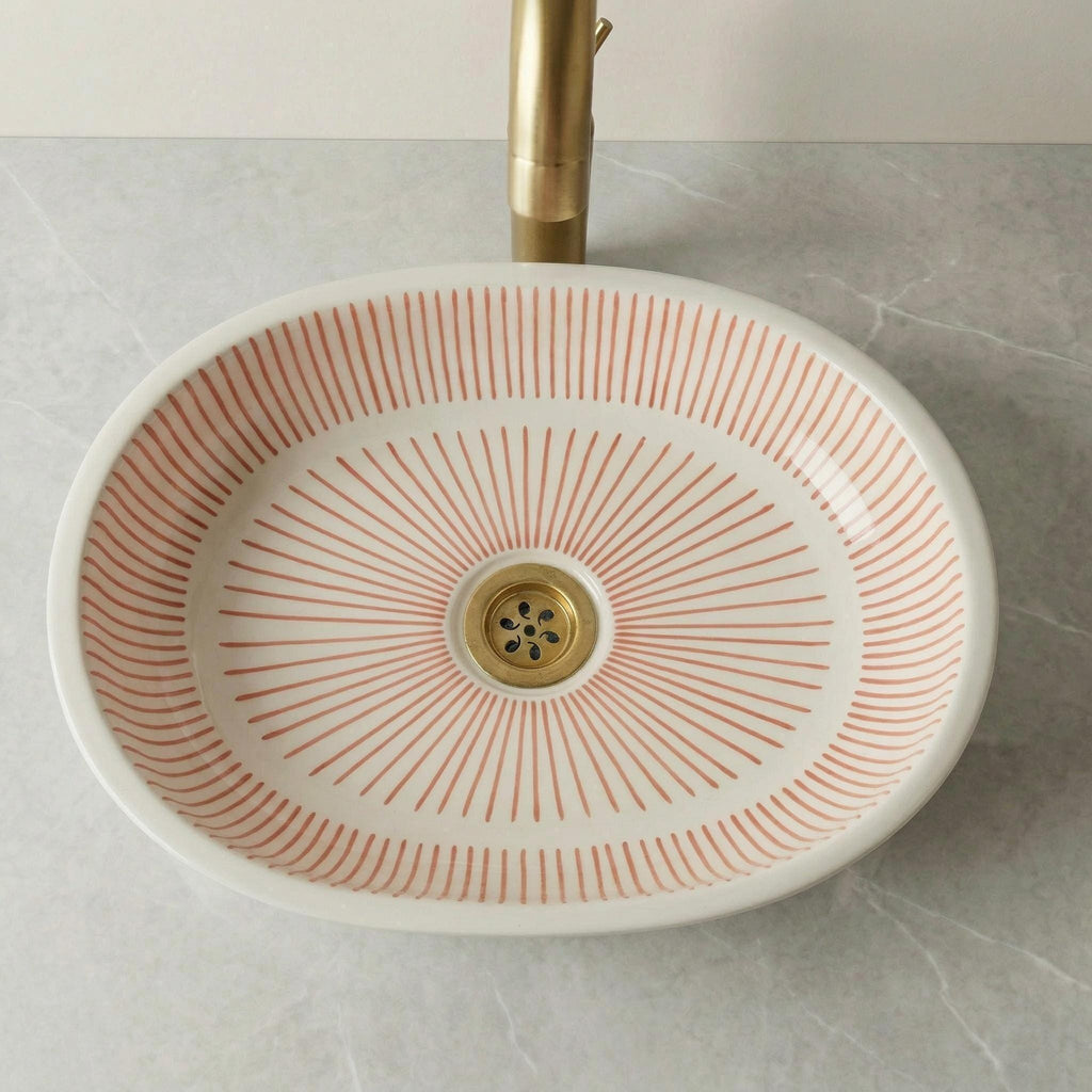 Moroccan Ceramic Sink, Orange Zellige Oval Basin 40Cm Brass Drain