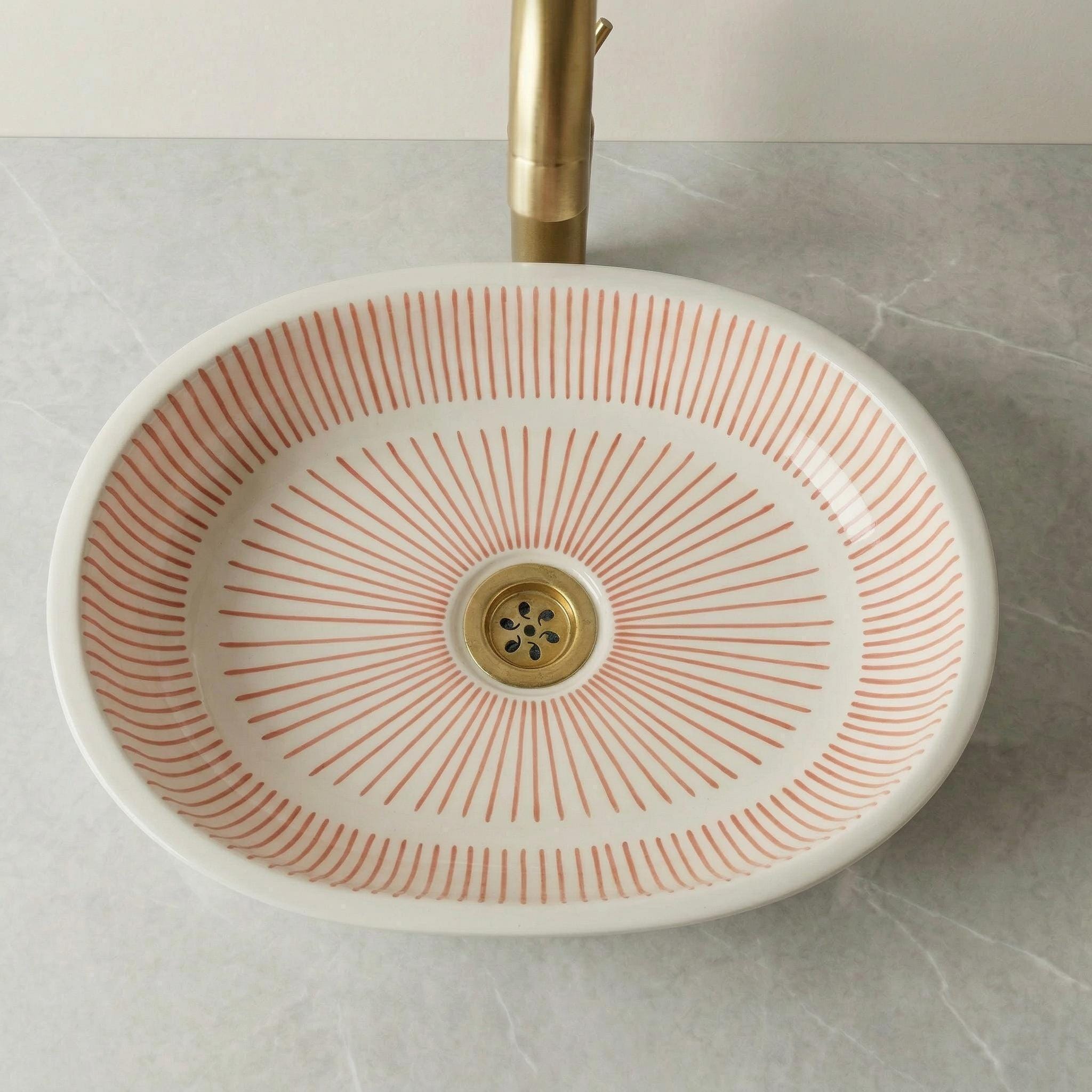 Moroccan Ceramic Sink, Orange Zellige Oval Basin 40Cm Brass Drain