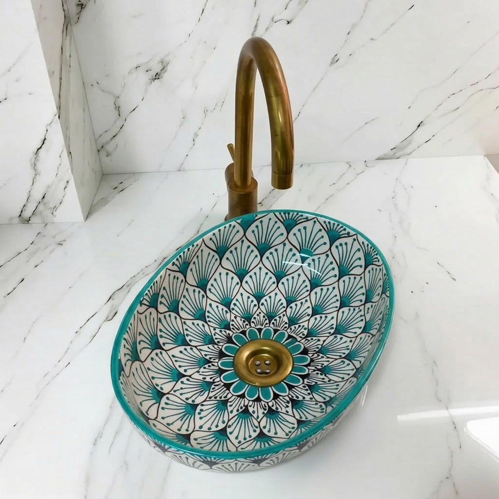 Moroccan Vanity Sink, Turquoise Oval Porcelain Vessel Basin, 18in