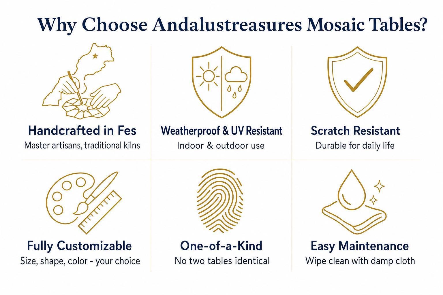 The image is a visual representation of the benefits of choosing and using mosaic tables, featuring six different types of mosaic tables with corresponding benefits.