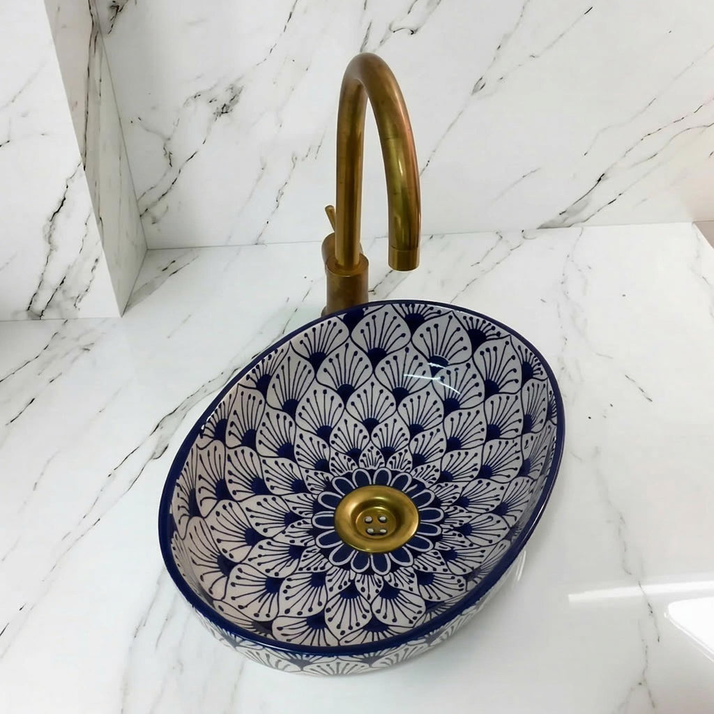 hand painted vessel sink, Red Oval 32-48cm Deep Sink, Brass Drain