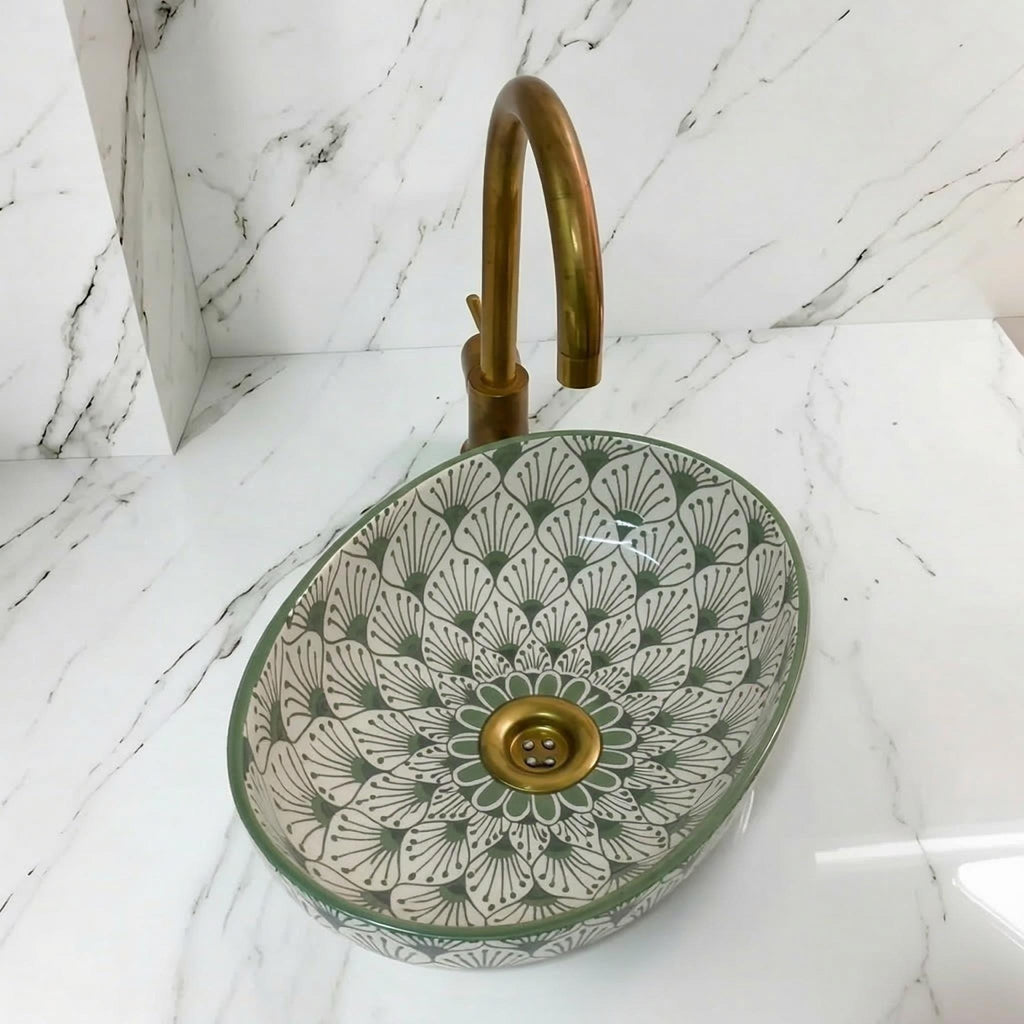 Sage Green Vessel Sink, Oval Ceramic Basin With Free Brass Drain.