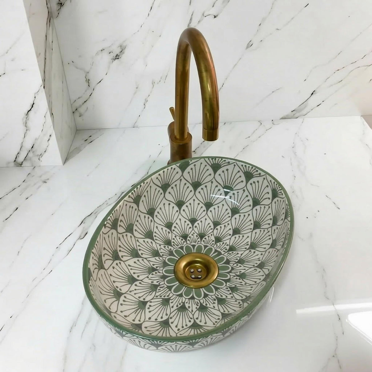Sage Green Vessel Sink, Oval Ceramic Basin With Free Brass Drain.