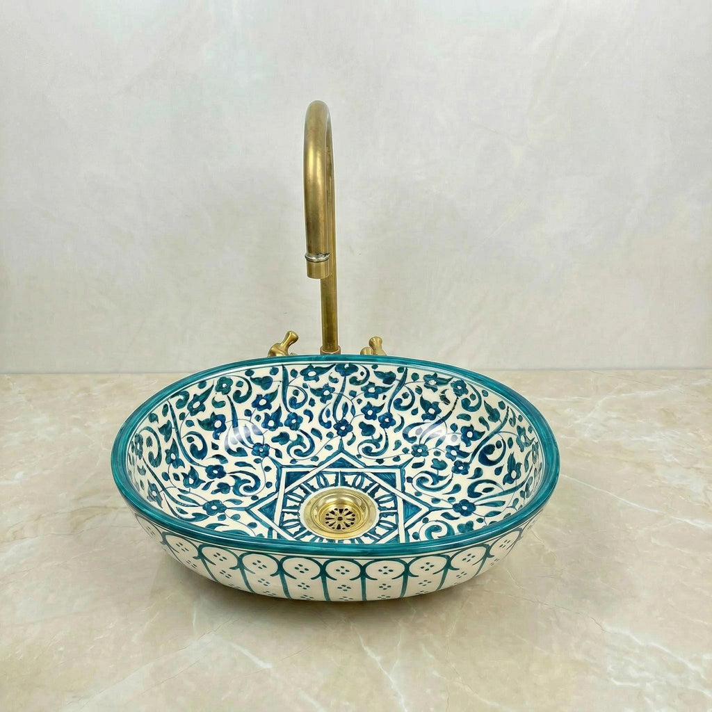 Handmade Moroccan Vessel Sink Oval Sage-Green, Brass Flower Drain