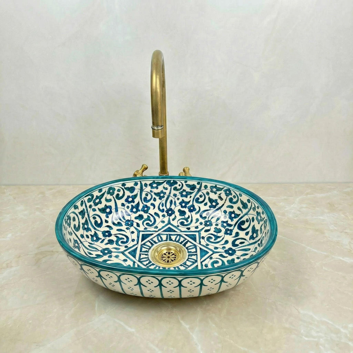 Handmade Moroccan Vessel Sink Oval Sage-Green, Brass Flower Drain