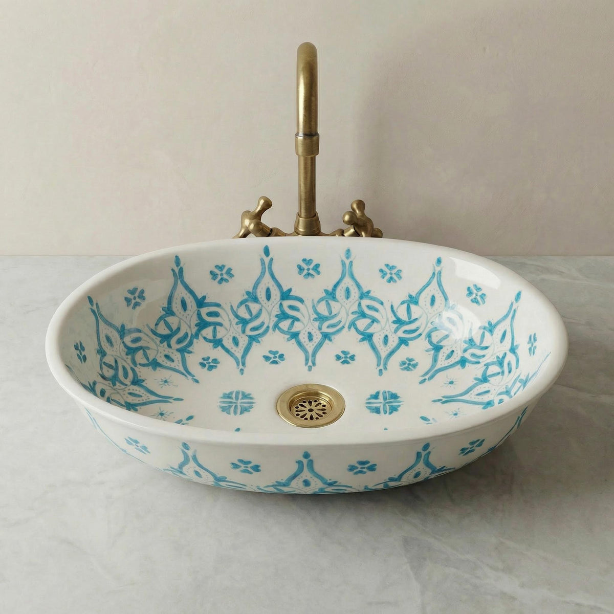 Ceramic Vessel Sink' Navy Oval Hand-Painted Fes, 40cm Small Vanity