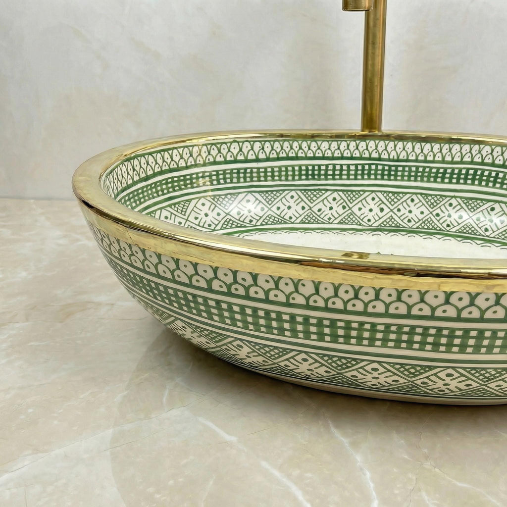 Sage Green Vessel Sink, Oval Hand-Glazed Porcelain 38x29–48x33 cm