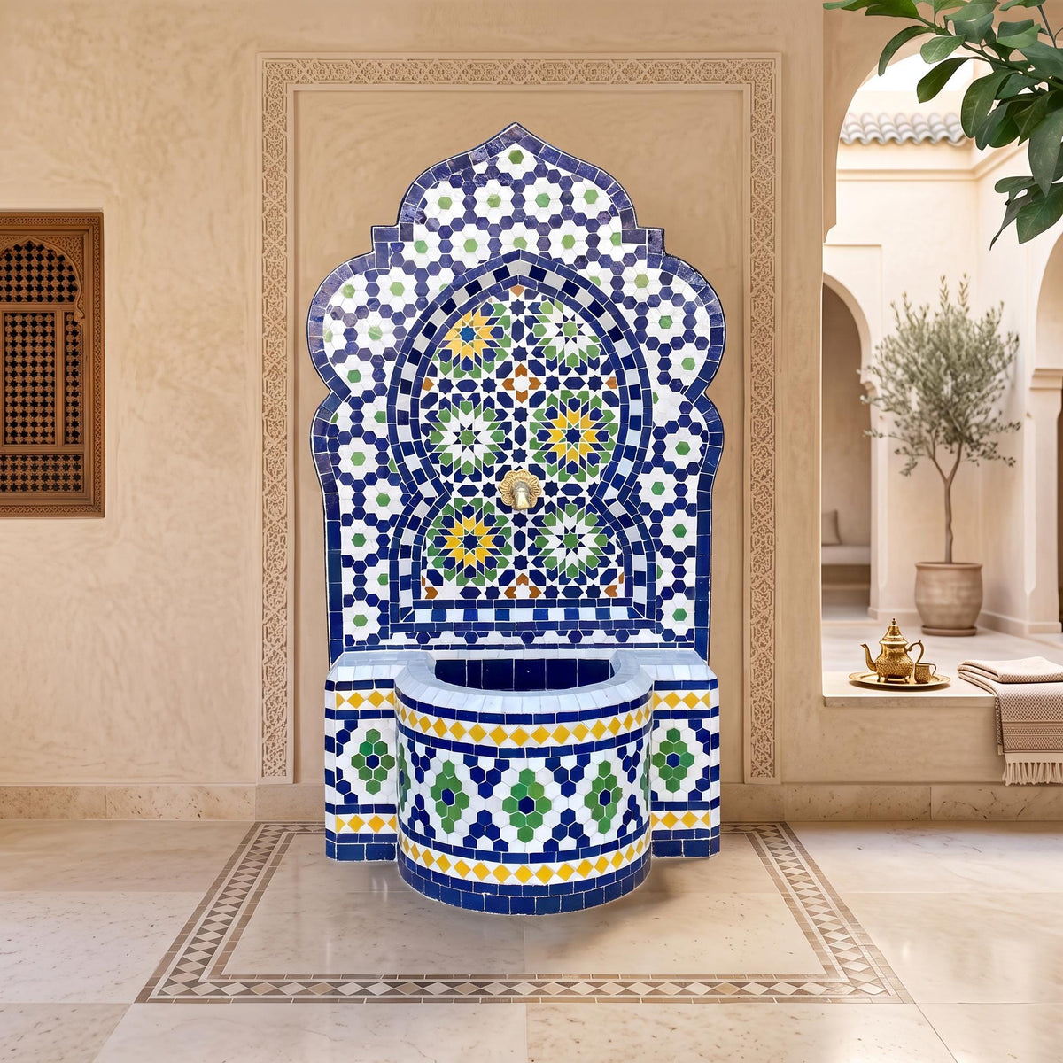 a decorative tile fountain with a blue and white mosaic design, situated in a room with arched doorways and a window.