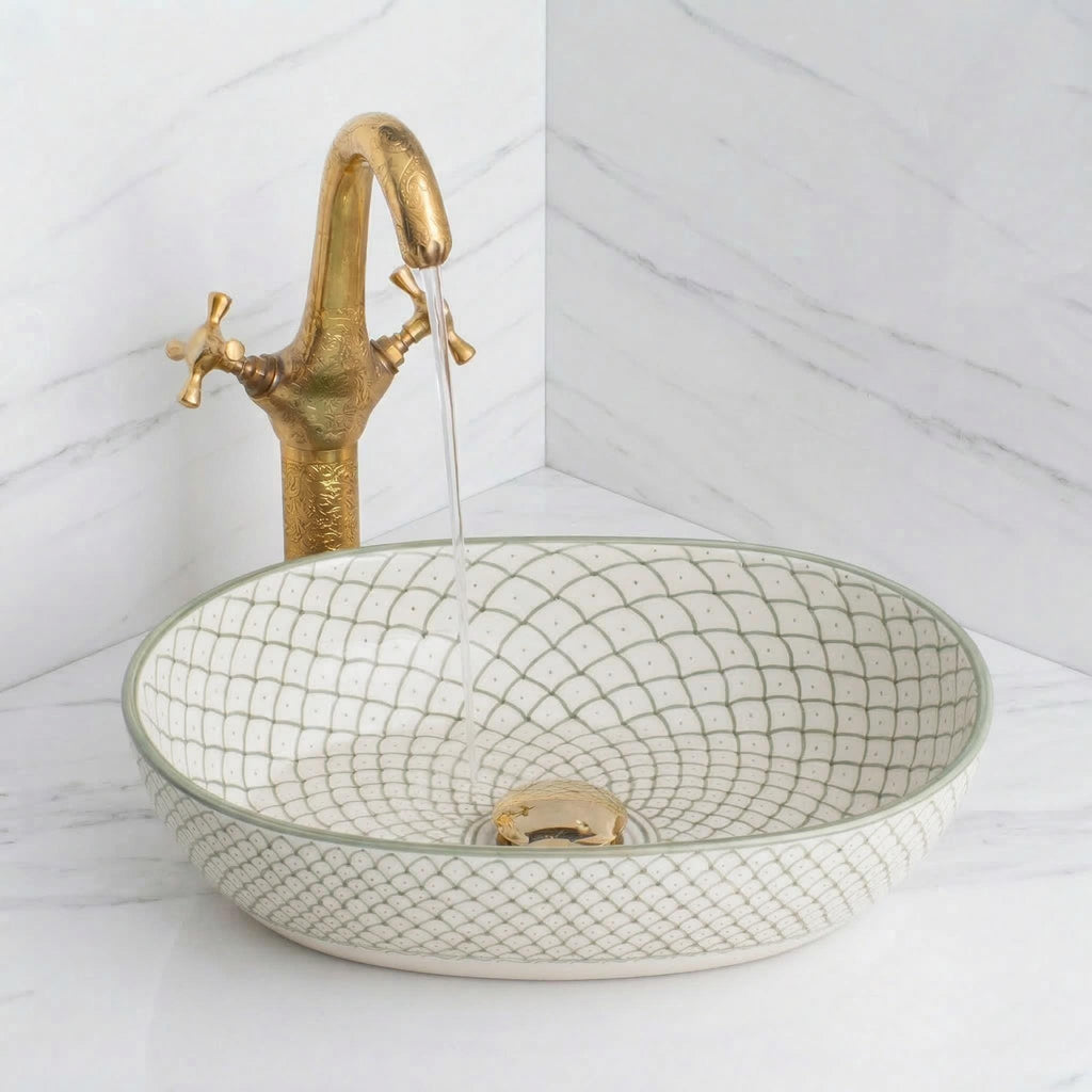 Moroccan Vessel Sink, Hand-Painted Green Oval Porcelain, 32-48 Cm.