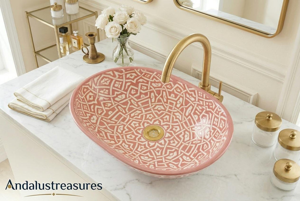 Green Moroccan Vessel Sink, Handcrafted Oval Porcelain Basin 40cm