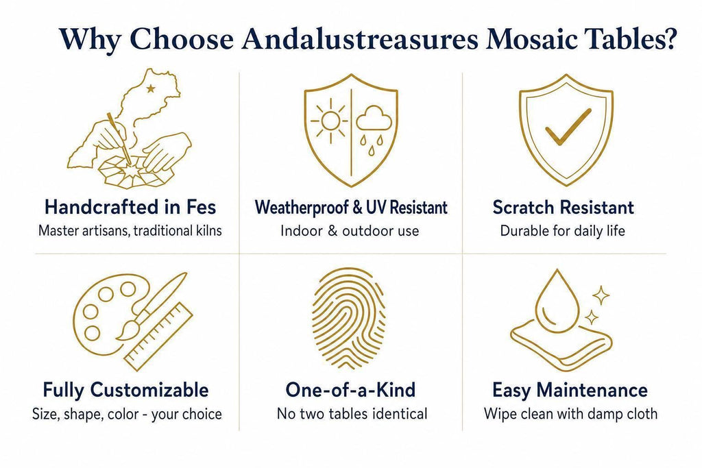 The image is a visual representation of the benefits of choosing and using mosaic tables, featuring six different types of mosaic tables with corresponding benefits.