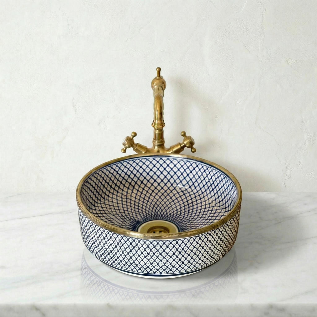 Navy Blue Vessel Sink Porcelain 12" Countertop Basin 14K Gold Rim