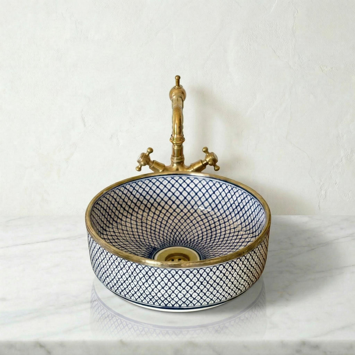 Navy Blue Vessel Sink Porcelain 12" Countertop Basin 14K Gold Rim