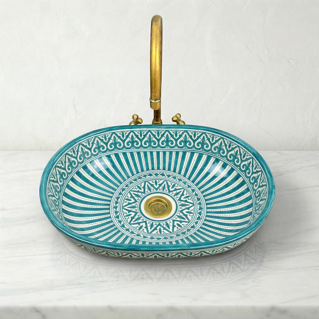 Moroccan Ceramic Sink, Oval Porcelain Basin 40cm With Brass Drain