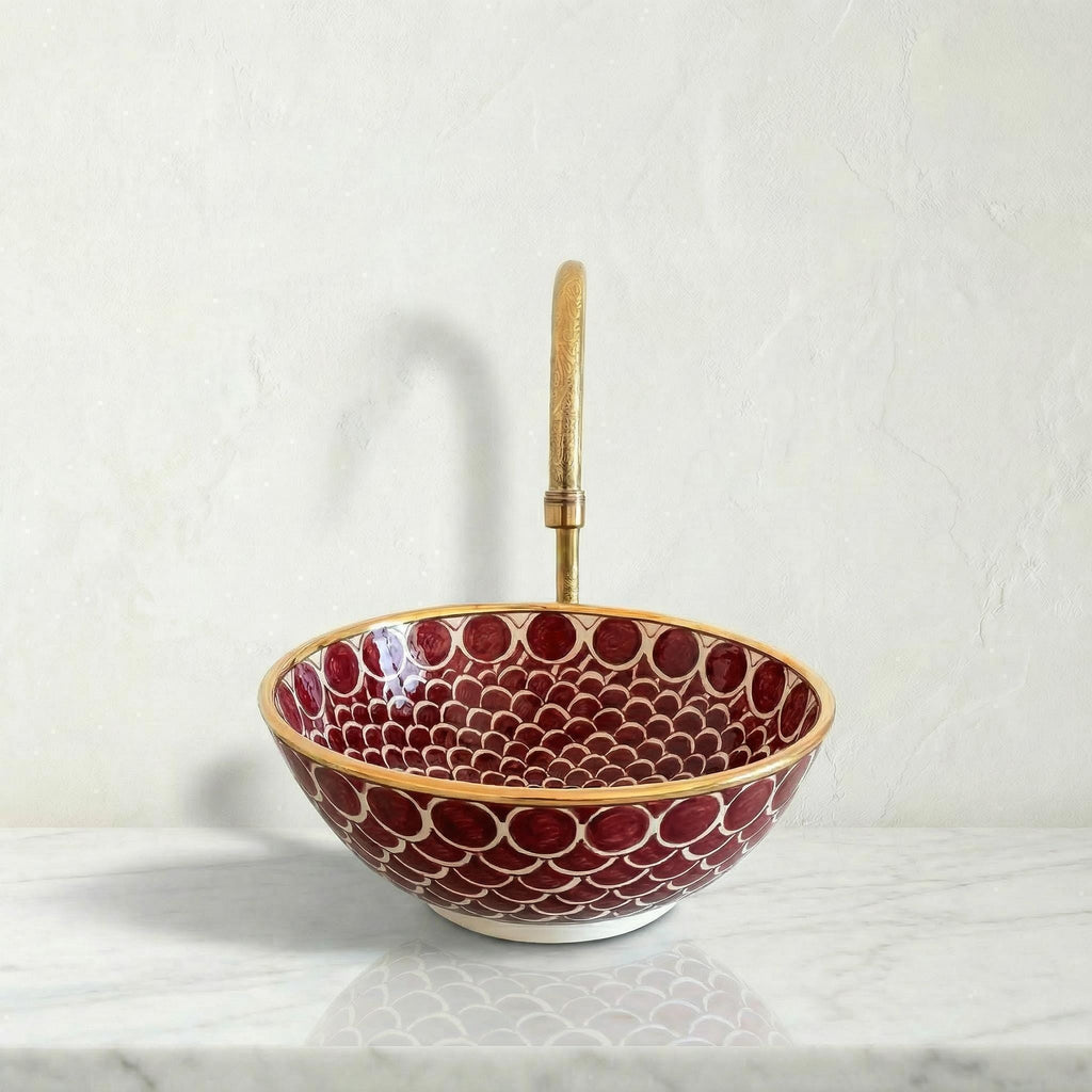 Moroccan Vessel Sink, Coral Pink Porcelain Basin, 14Kt Gold Rims.