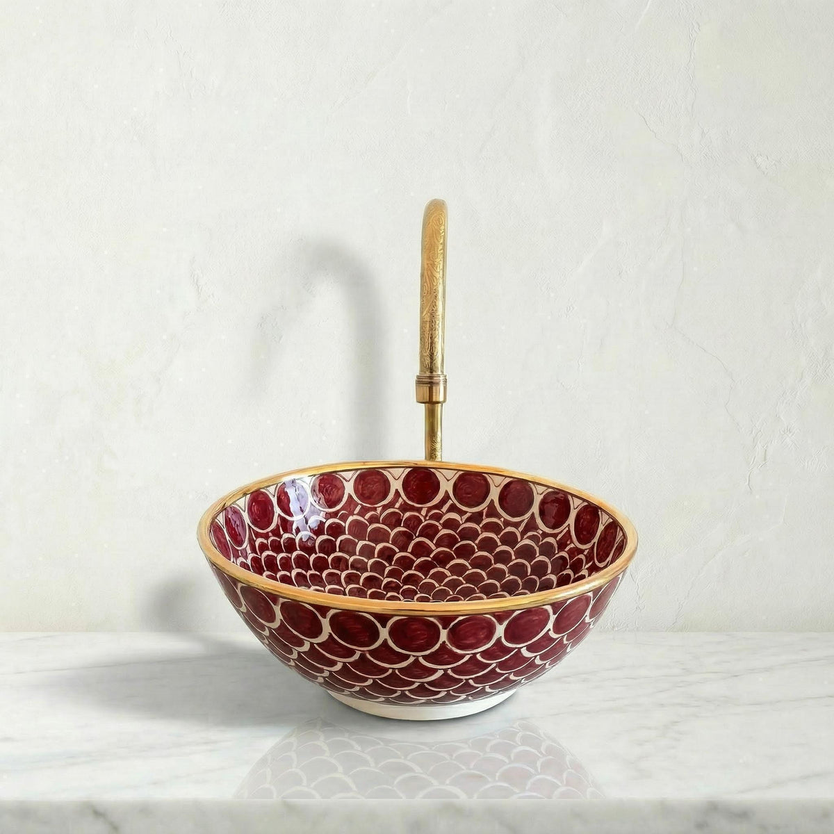 Moroccan Vessel Sink, Coral Pink Porcelain Basin, 14Kt Gold Rims.