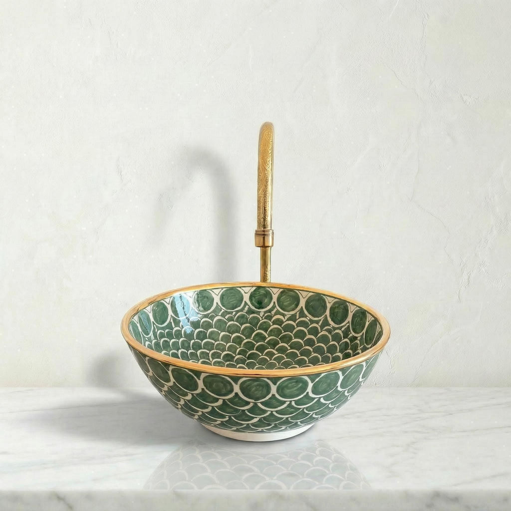 Moroccan Vessel Sink, Coral Pink Porcelain Basin, 14Kt Gold Rims.