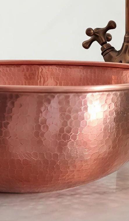 Hammered Brass Sink, Moroccan Artisan Vanity Basin, Uncoated 16in