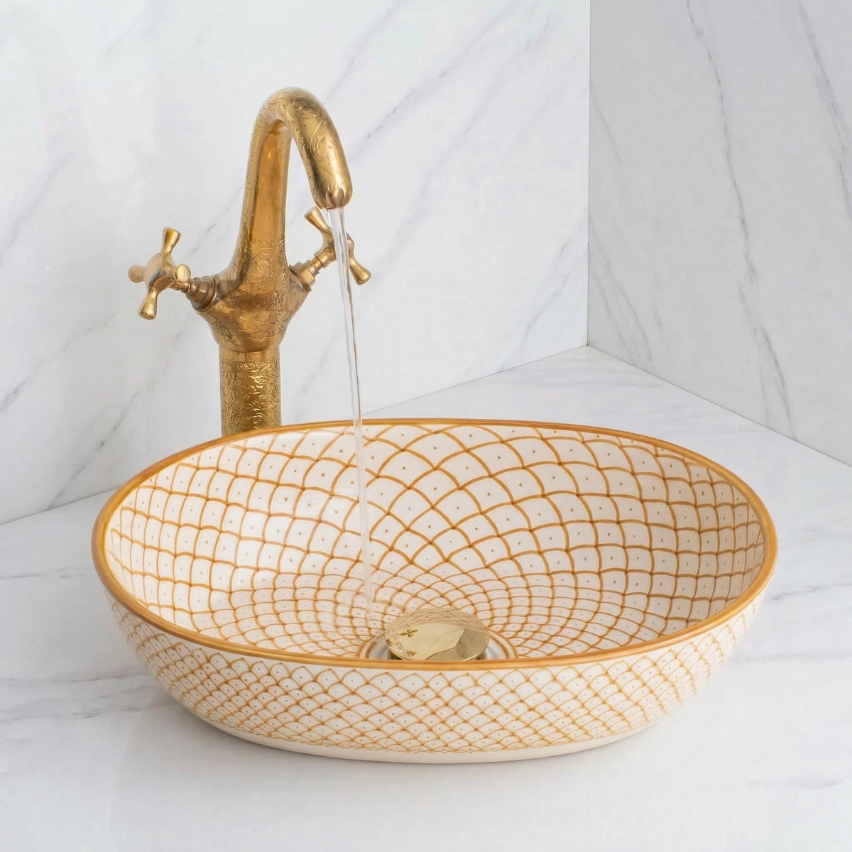 Moroccan Vessel Sink, Hand-Painted Green Oval Porcelain, 32-48 Cm.
