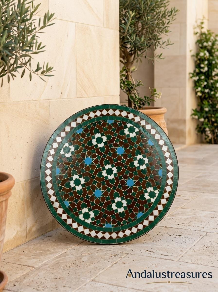 Moroccan Mosaic Tile Table, Round Zellige 36 In Coffee Table, Iron