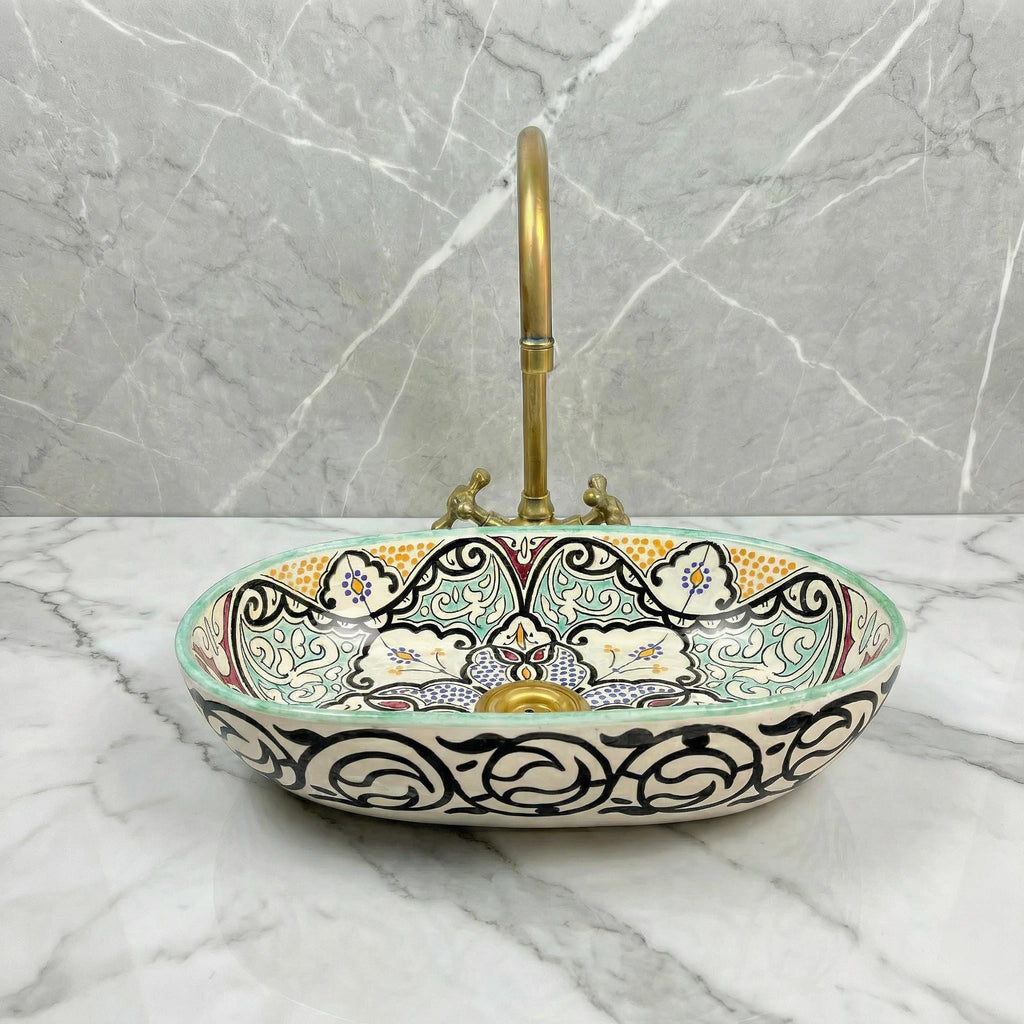 Moroccan Ceramic Vessel Sink, Oval Ceramic Basin 40cm Brass Drain