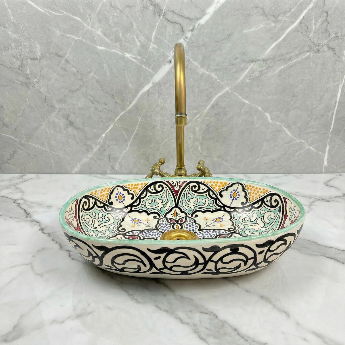 Moroccan Ceramic Vessel Sink, Oval Ceramic Basin 40cm Brass Drain