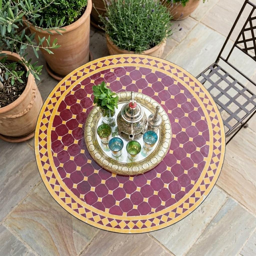 Zellige Tile Table, Boho Mosaic, Powder-Coated Iron Base 12–48 In