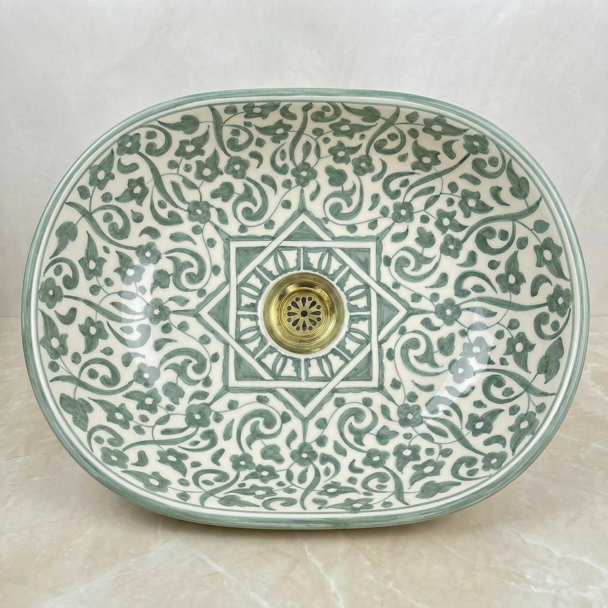 Handmade Moroccan Vessel Sink Oval Sage-Green, Brass Flower Drain