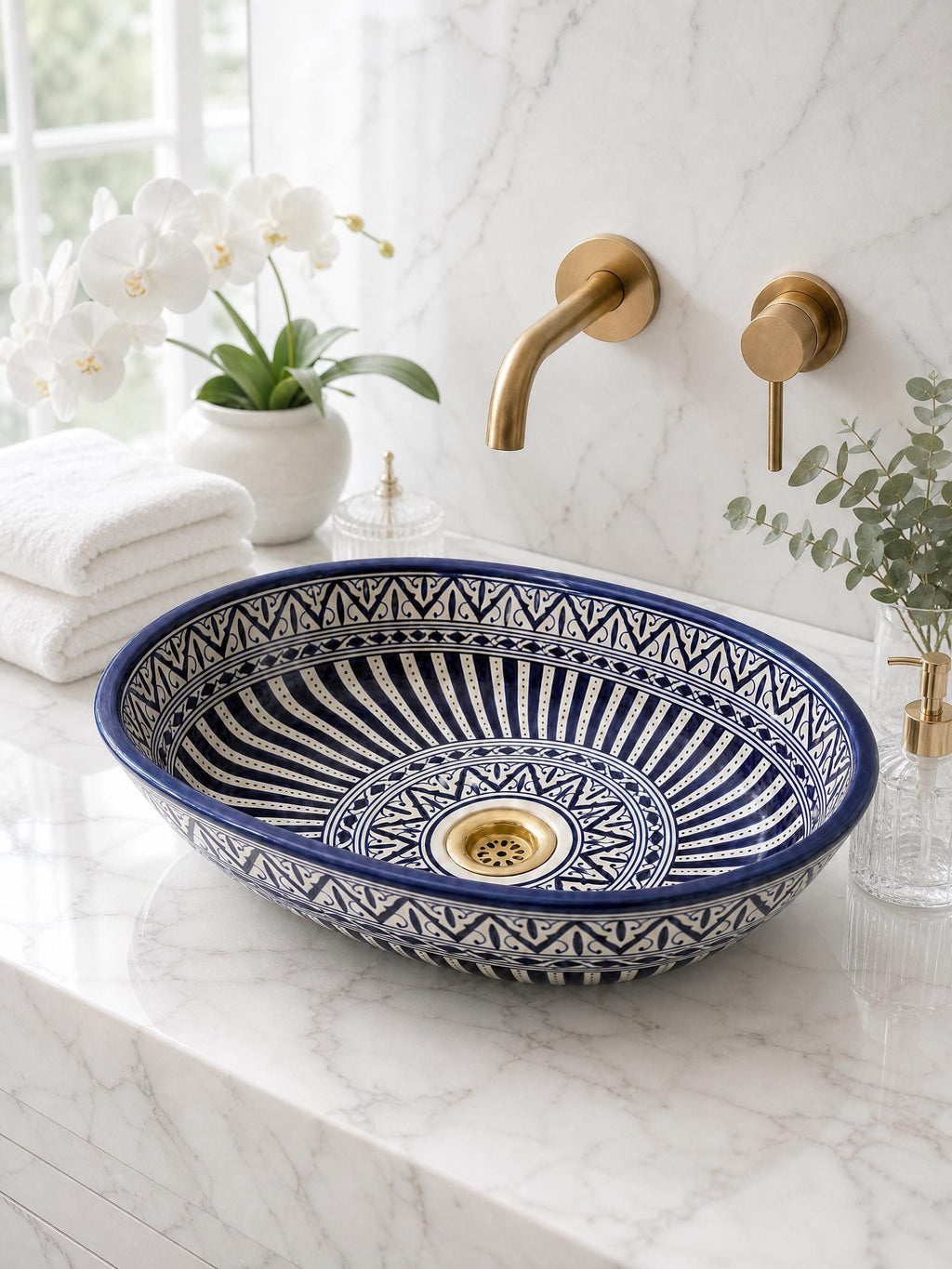 Moroccan Ceramic Sink, Oval Porcelain Basin 40cm With Brass Drain