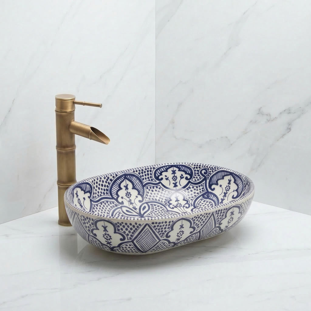 moroccan ceramic vessel sink, Sage Oval Handmade 38cm Brass Drain