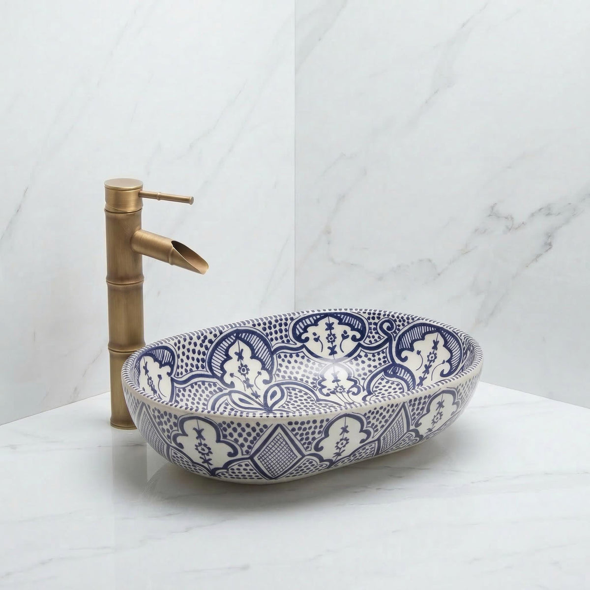 moroccan ceramic vessel sink, Sage Oval Handmade 38cm Brass Drain