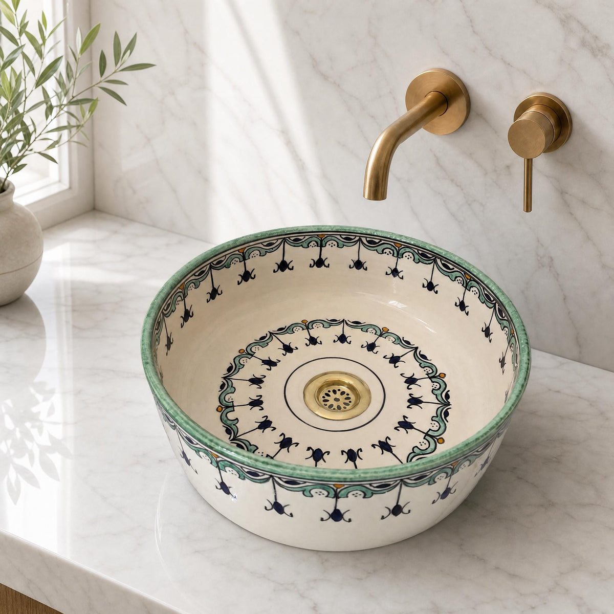 Moroccan Vessel Sink, Handmade Ceramic Sage Green, Brass Drain