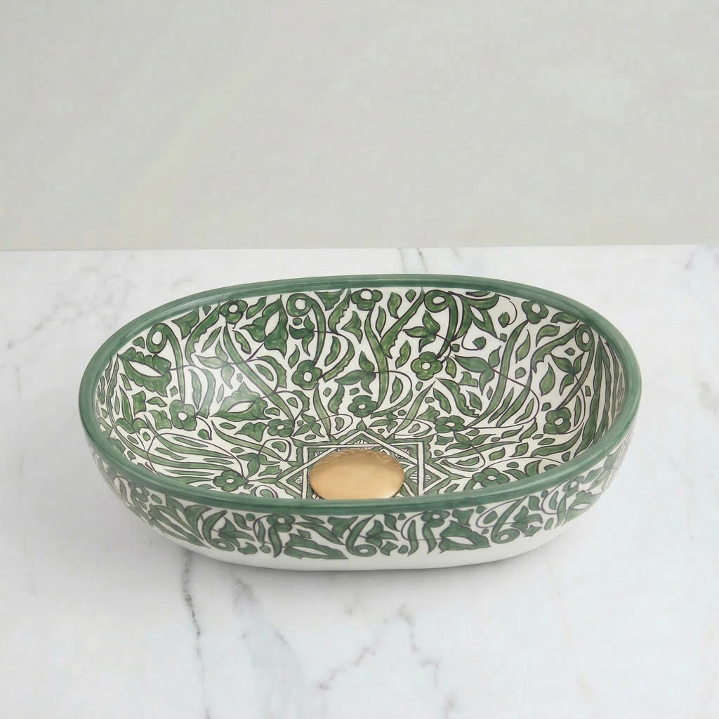 Moroccan Vessel Sink, Oval Porcelain Vanity Basin, White Gold 16in