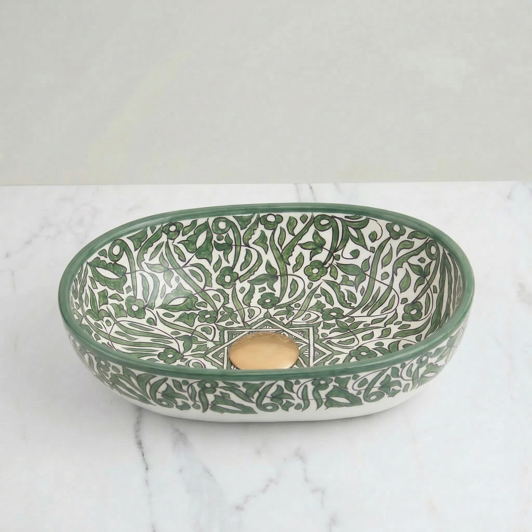 Moroccan Vessel Sink, Oval Porcelain Vanity Basin, White Gold 16in