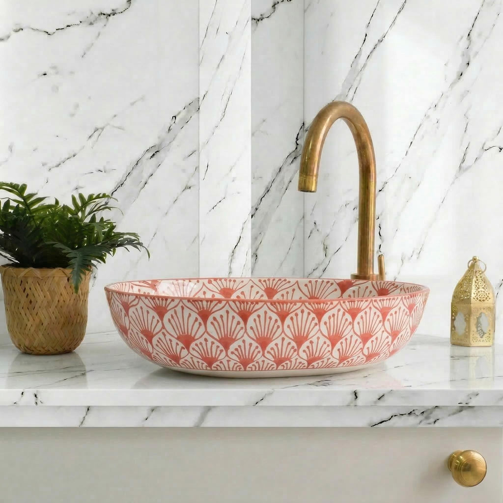 Moroccan Ceramic Sink, Pink Oval 36 Cm Hand-Painted Ceramic, Gift