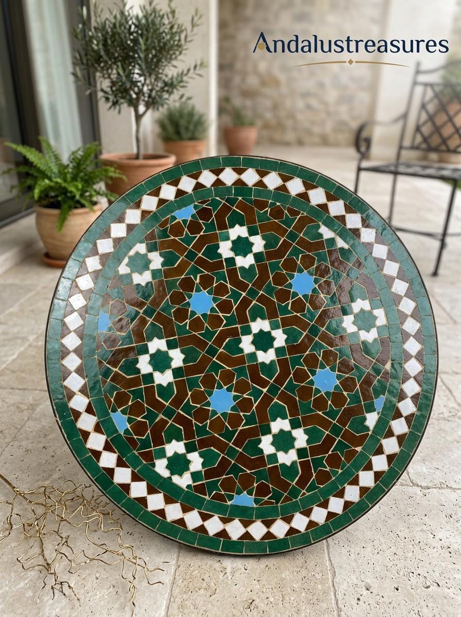Moroccan Mosaic Tile Table, Round Zellige 36 In Coffee Table, Iron