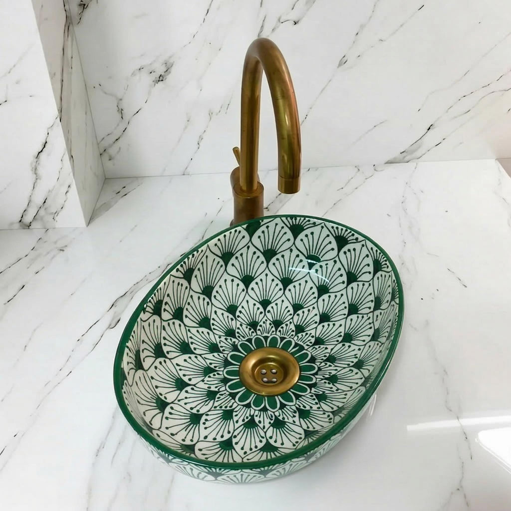 Moroccan vessel sink, Oval Ceramic 32-48 cm Emerald, Brass Drain