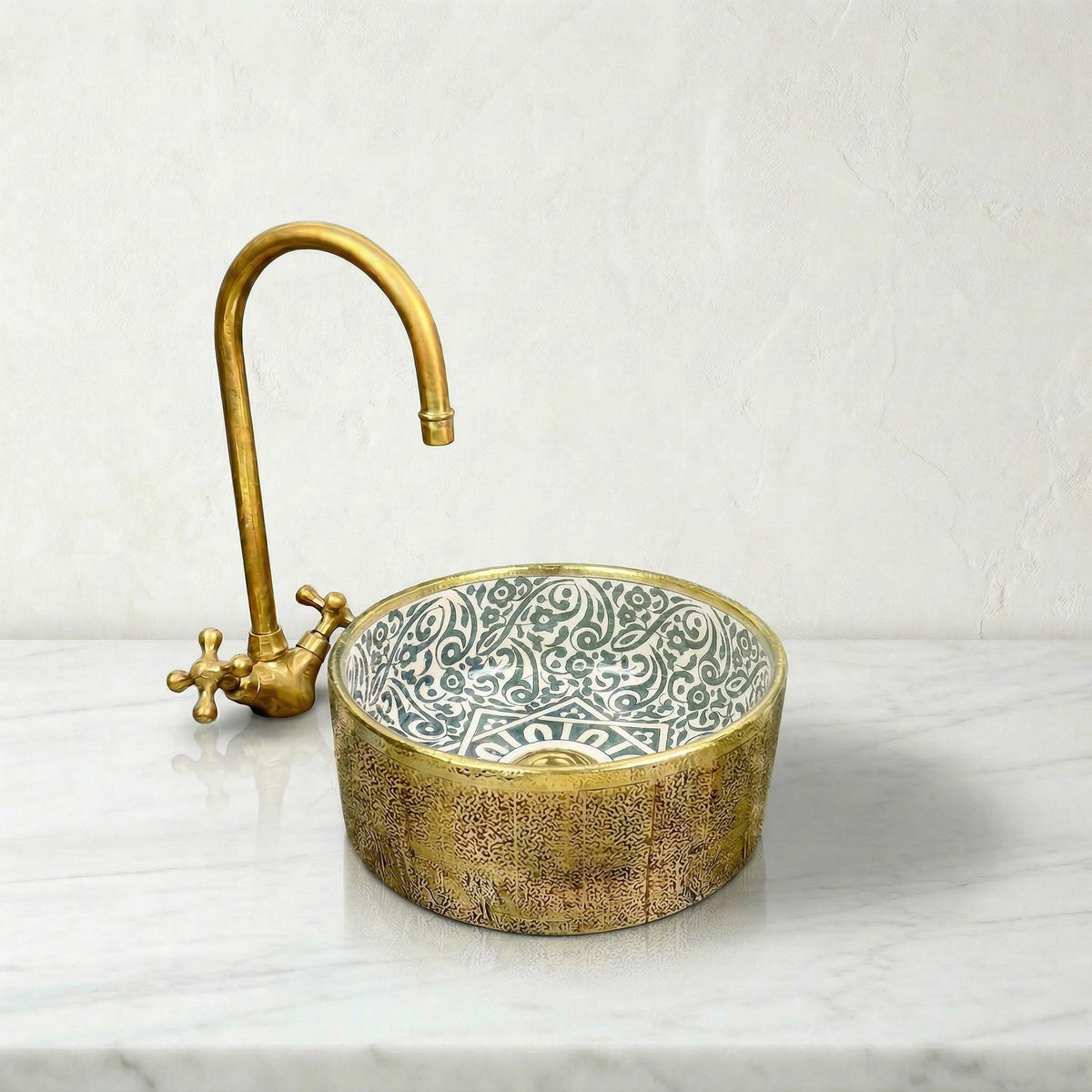 Moroccan Ceramic Vessel Sink Emerald Green, Handmade Compact 30cm