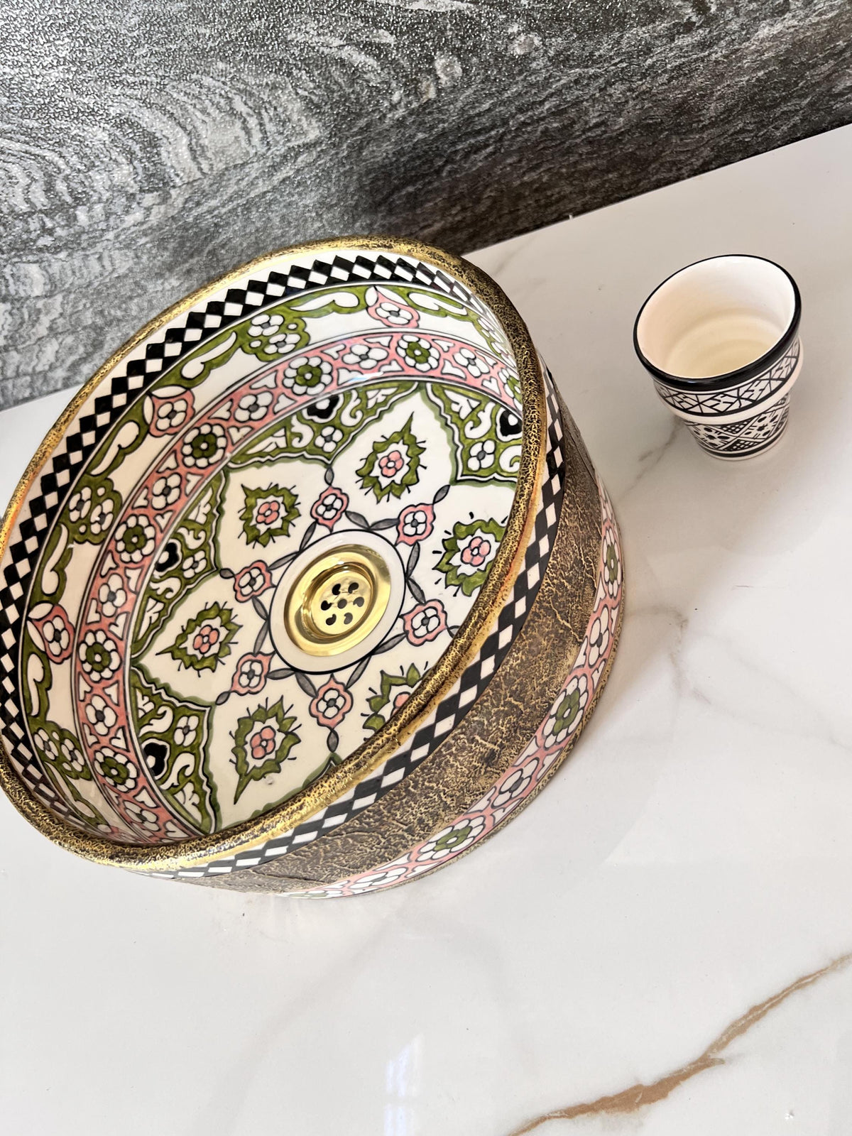 moroccan ceramic vessel sink Hand-Painted Tinin Basin Brass Drain