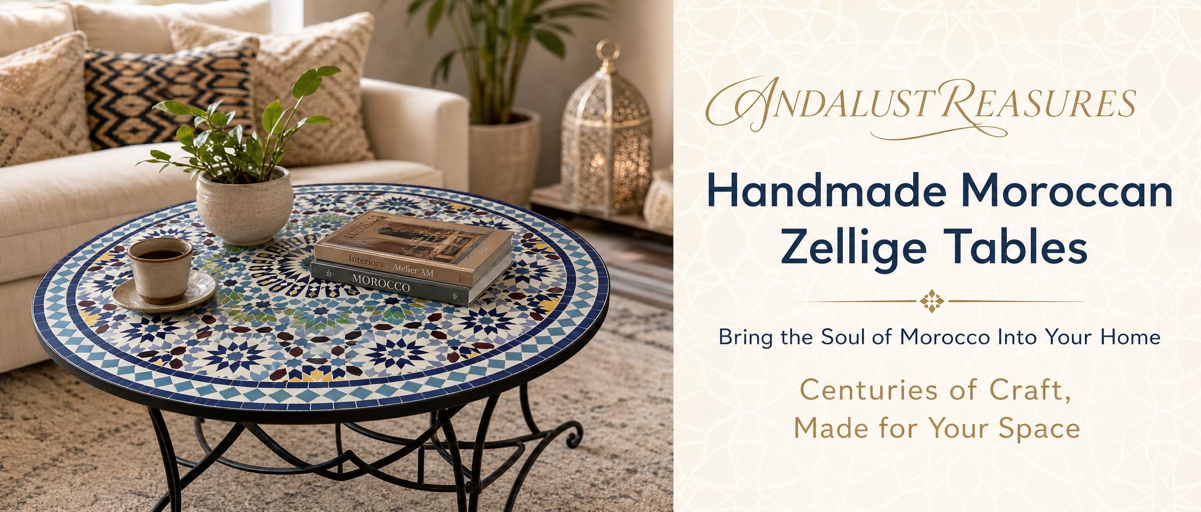 The image is a collage of two photos. The left photo shows a handcrafted Moroccan Zellige table with a blue and white mosaic top, a coffee cup, and a book. The right photo depicts a cozy living room with a couch, a potted plant, and a decorative lantern. The text overlay on the image promotes the handcrafted Moroccan Zellige tables, highlighting their craftsmanship and the ability to bring the soul of Morocco into one's home.